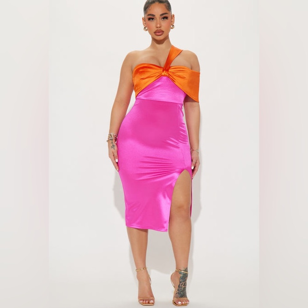 Madeline One Shoulder Midi Dress - Fuchsia/combo